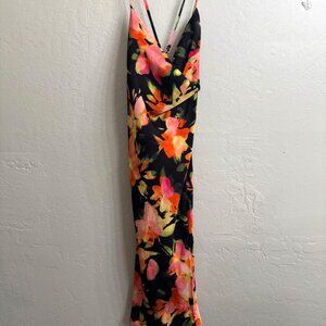 Floral Watercolor Maxi Dress L NWT Black Multicolor Vacation Summer Party